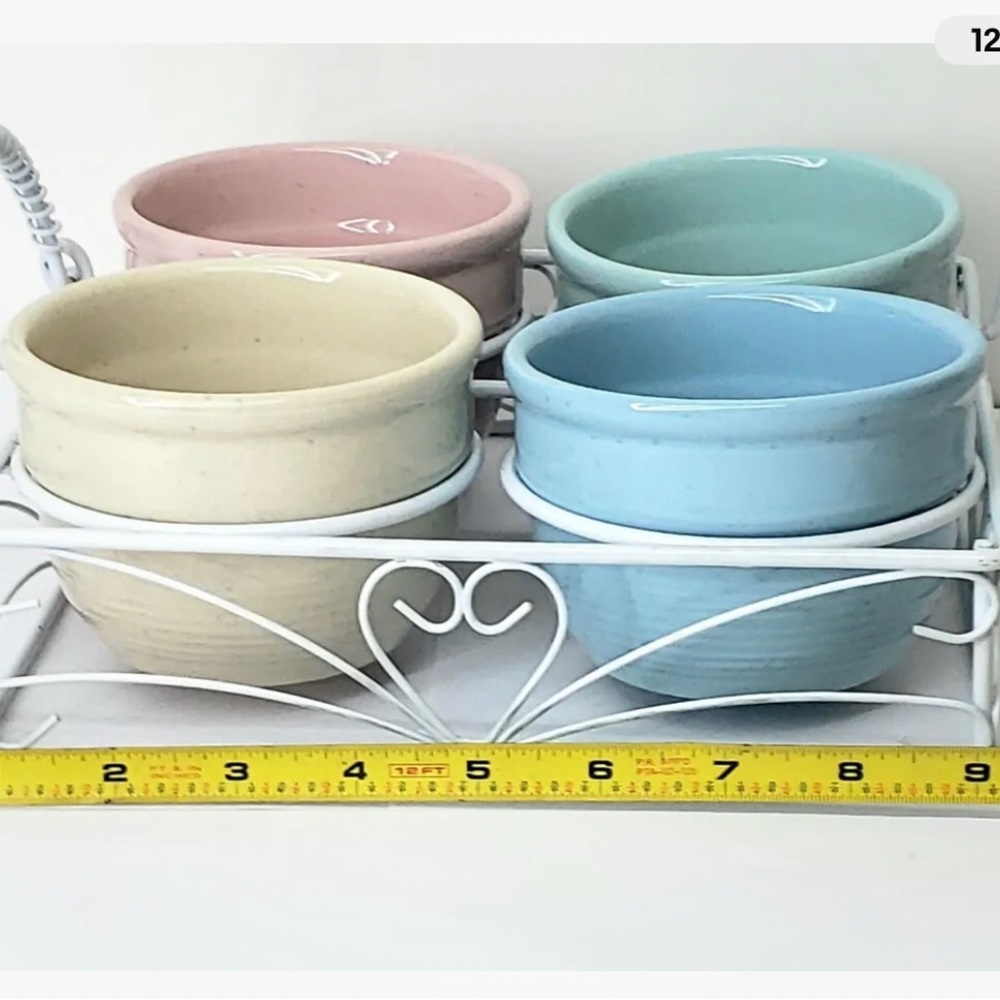 Four Piece Condiment Serving Set  with White Metal  Handle Carrier.